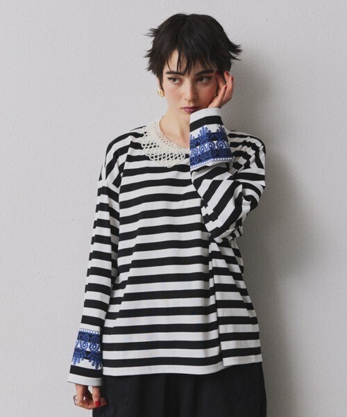 manana suerte レースプリントボーダーロングスリーブTシャツ