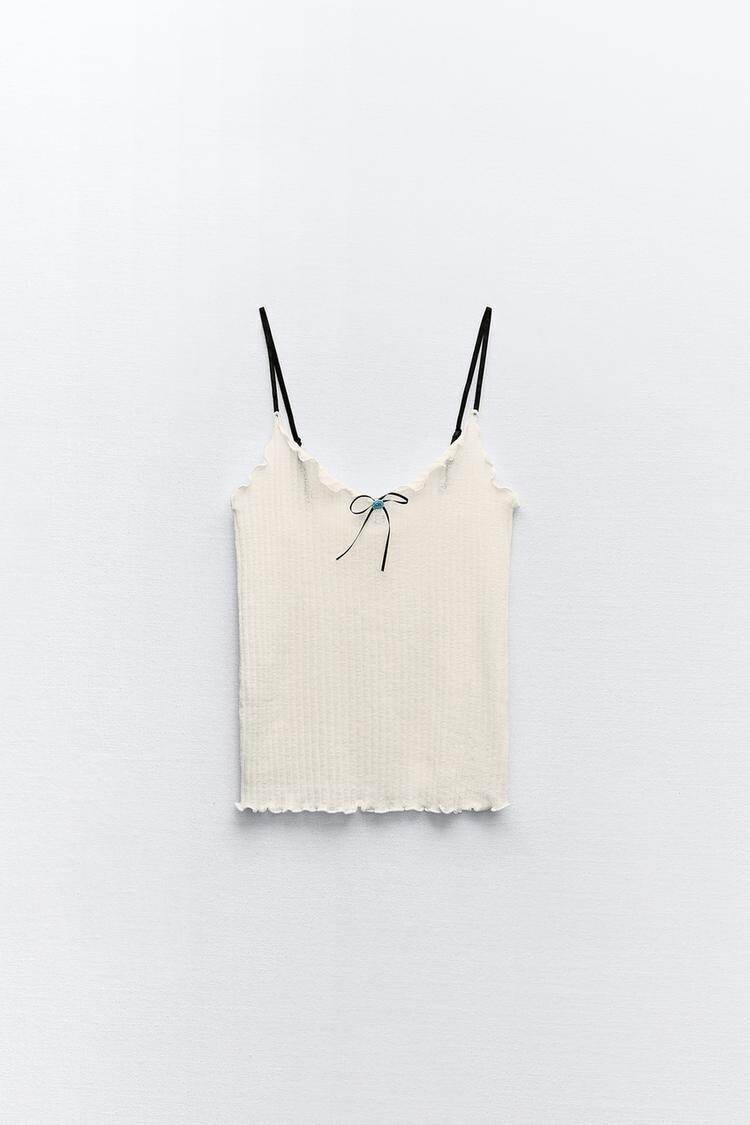 ZARA Floral Tie Rustic Ribbed Top