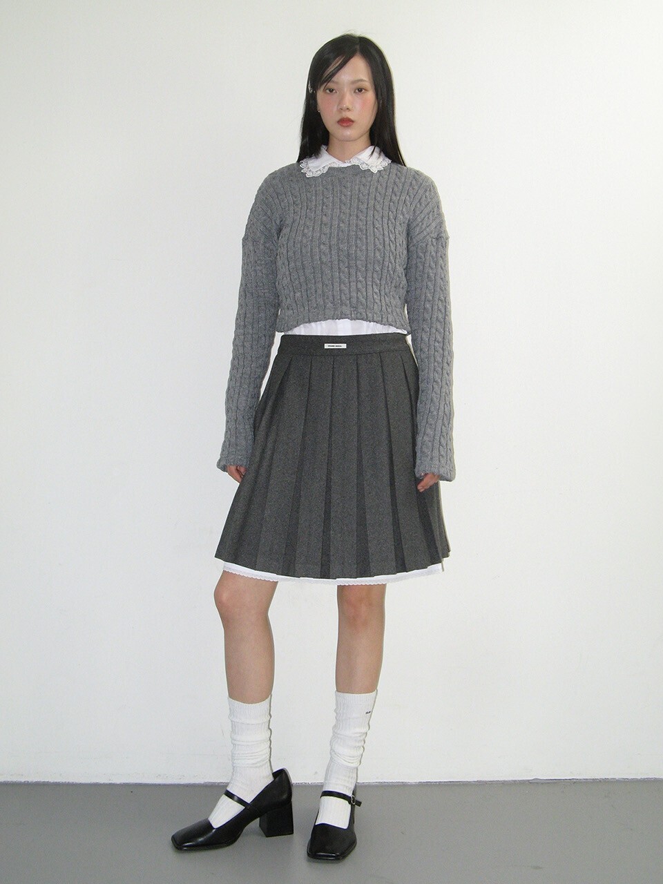 CRANK LAYERED WOOL PLEATS SKIRT_GREY