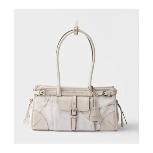 PRADA ボニー ミディアム プリントリネン レザー ハンドバッグ