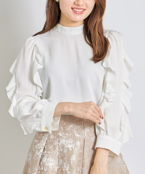 tocco 後ろリボン付きラッフルフリルスリーブハイネックブラウス