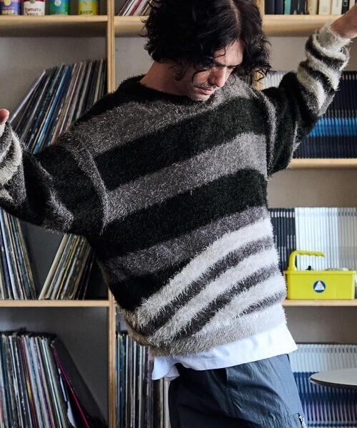 ADAM PATEK Shaggy Distorted Stripes Crew Knit