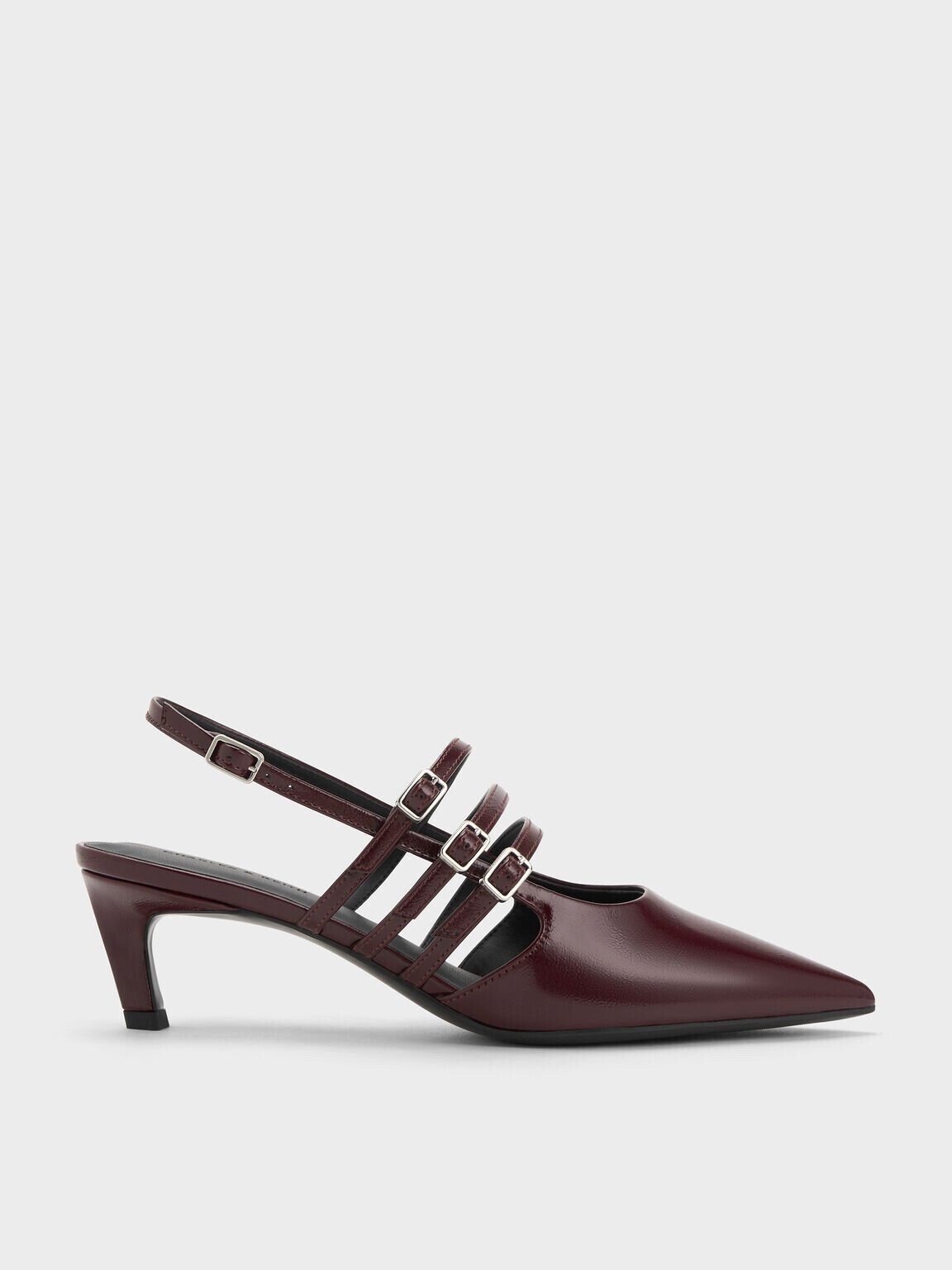 CHARLES & KEITH パテント トリプルストラップポインテッドトゥスリングバックパンプス - バーガンディ