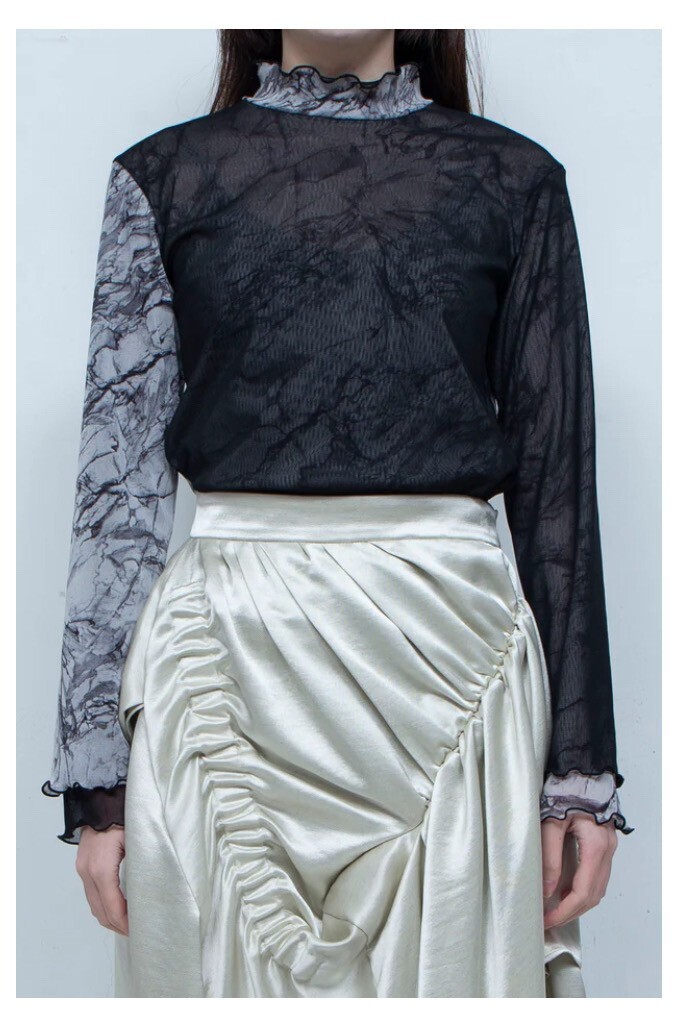 FUMIKU Printed net tulle tops BLACK