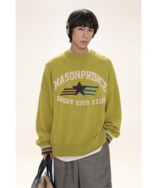 MASONPRINCE カレッジ風ロゴドロップショルダーコットンニット