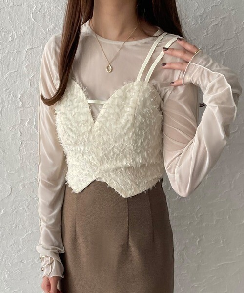 JUNOAH バックレースアップフェザービスチェ