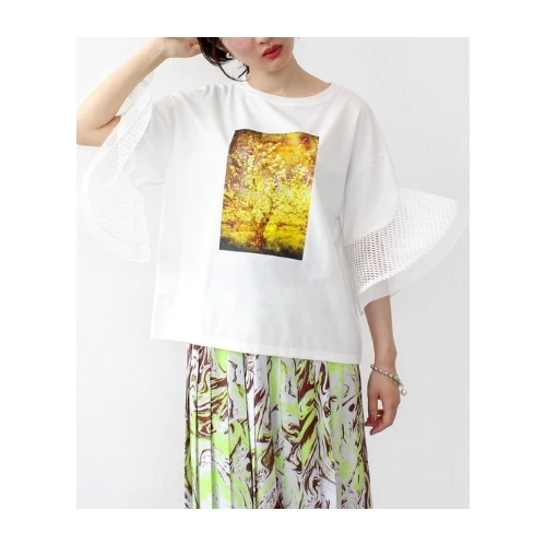 Three Four Time フォトプリントフリルスリーブTシャツ