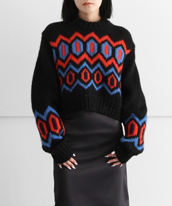 GANNI Chunky Graphic Wool Cropped O-Neck "Black"