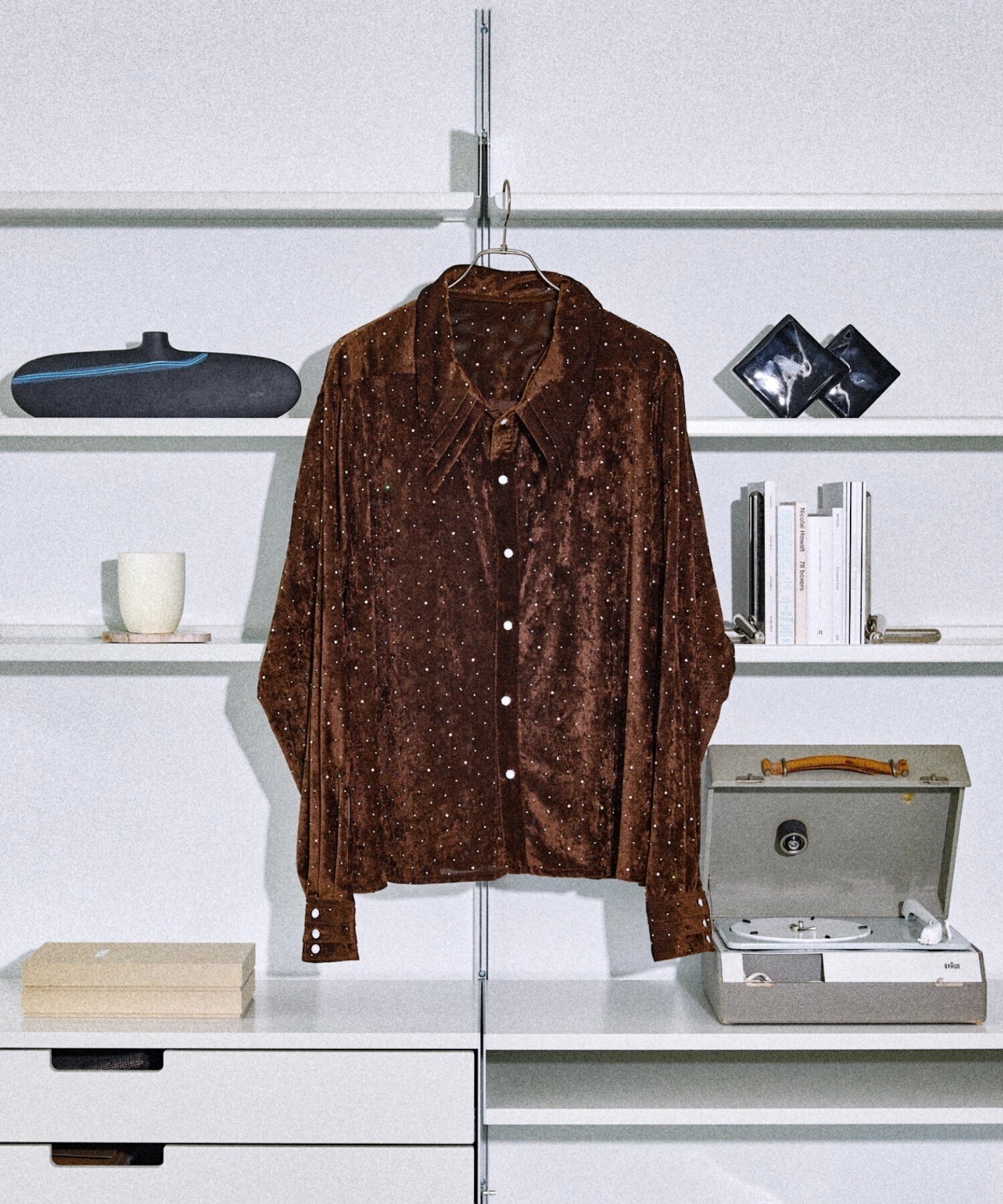 seyto Rhinestone velours sheer shirt / ラインストーンベロアシアーシャツ