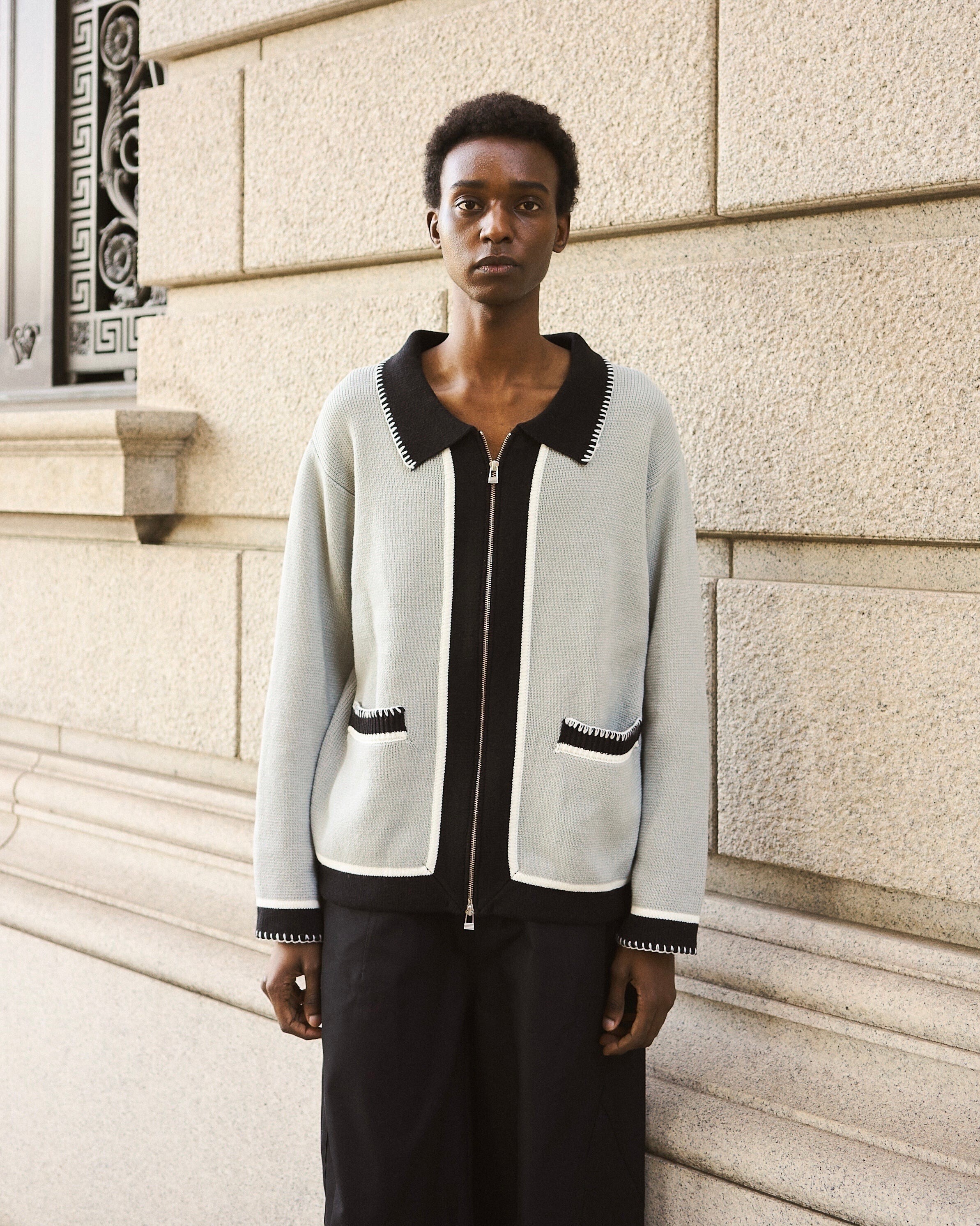 CAMPHOR WOOD with collar stitching zipper knit shirt jacket