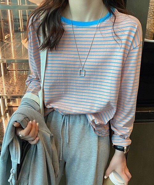 DAY CLOSET レディース ボーダー柄ドロップショルダーロングTシャツ