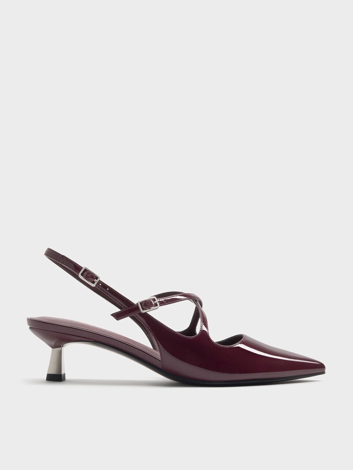 CHARLES & KEITH ポインテッドトゥ クロスオーバースリングバックキトゥンヒール - マルーン