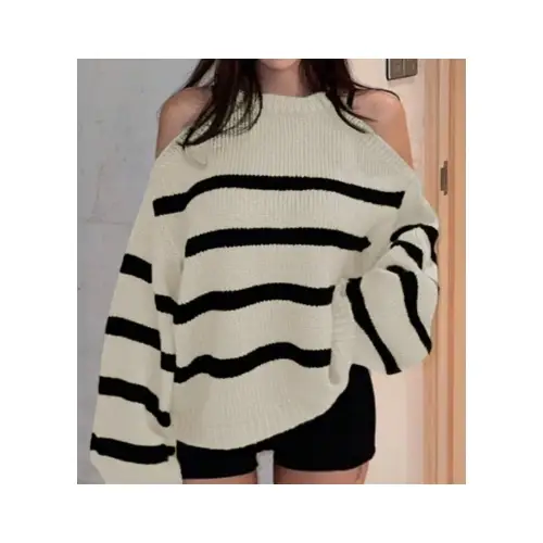SHEIN DAZY レディース ストライプ オフショルダー ルーズ カジュアル 長袖セーター