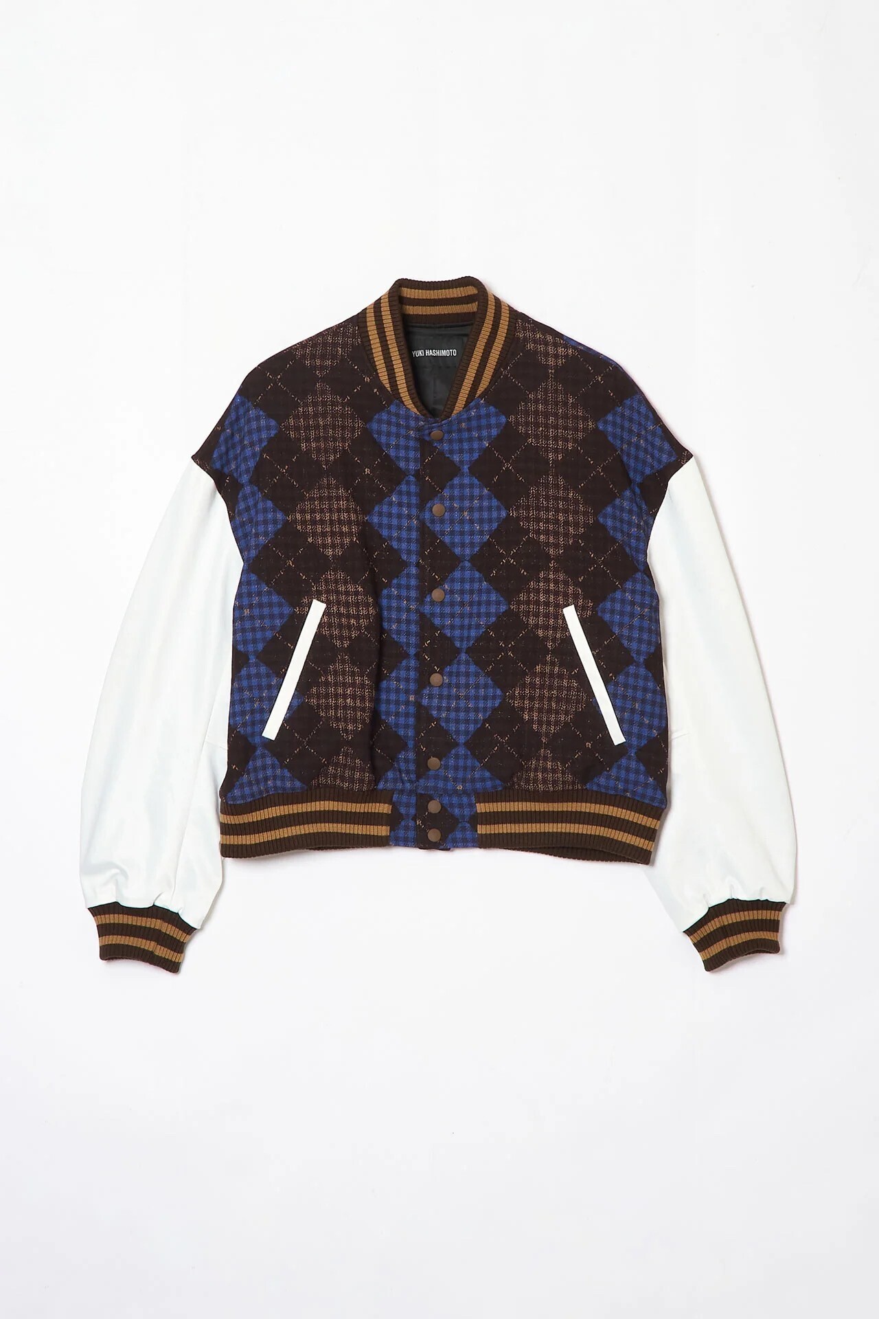 YUKI HASHIMOTO ARGYLE PRINTED COLLEGE JACKET BROWN