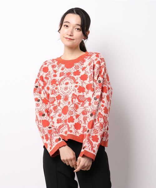 moyan ecri 袖ボタンフラワージャガードニットカットプルオーバー