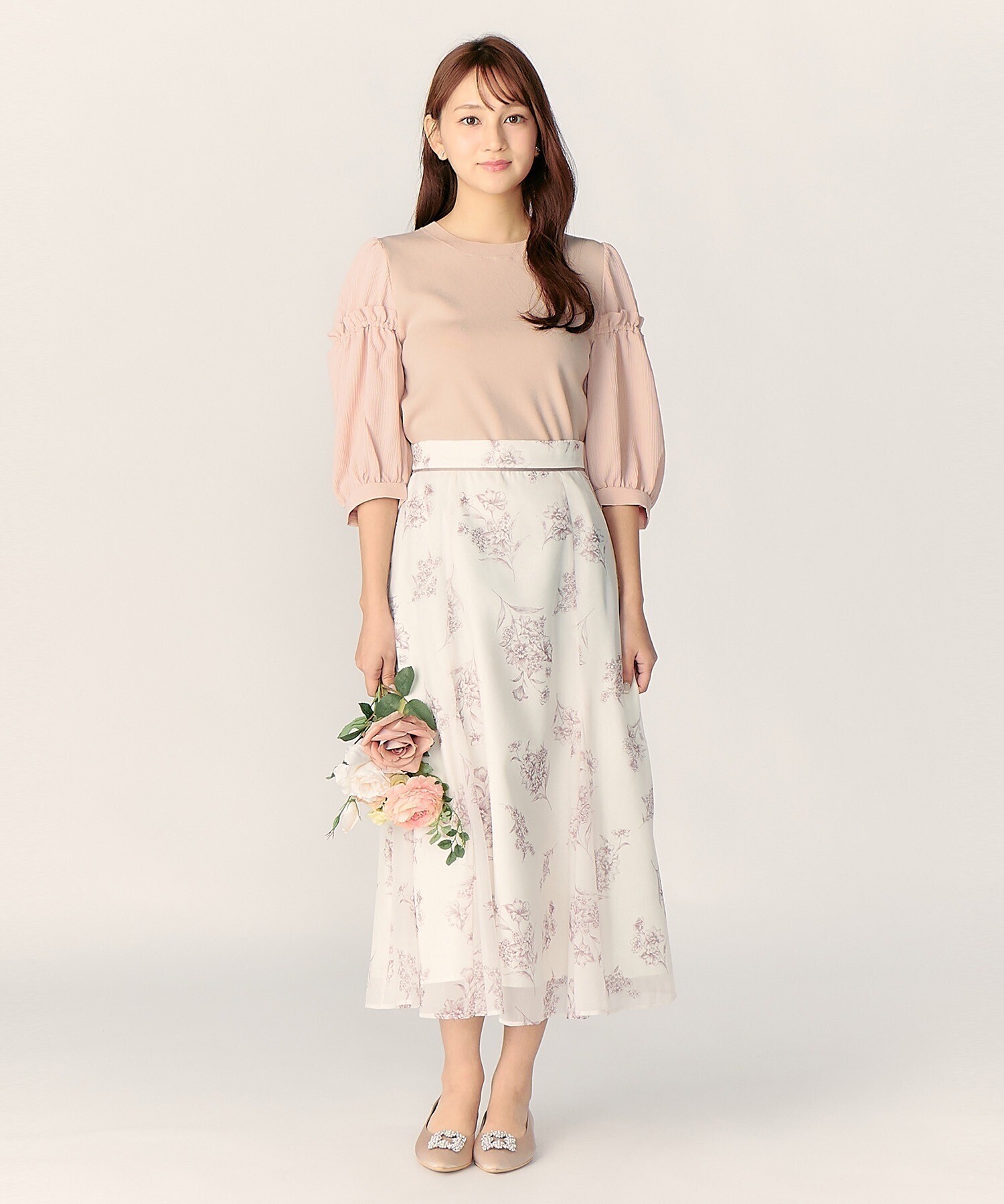 LAISSE PASSE ラインフラワープリントマチ入りフレアースカート