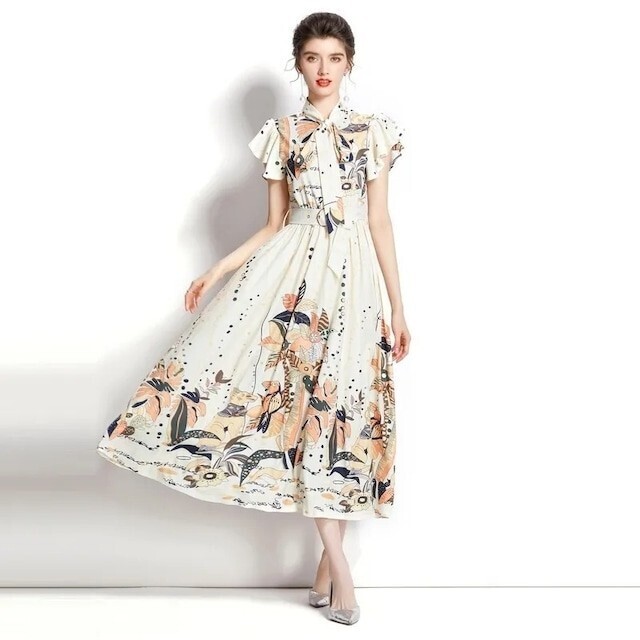 Wild Lily ベルト付き ボタニカル ボウタイ ラッフルフリルスリーブ ロング ワンピース