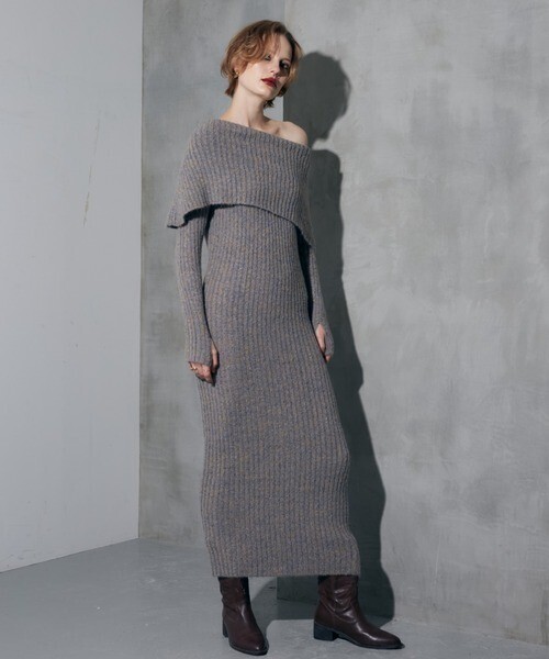 WONEM ワイドリブオフショルニットロングワンピース