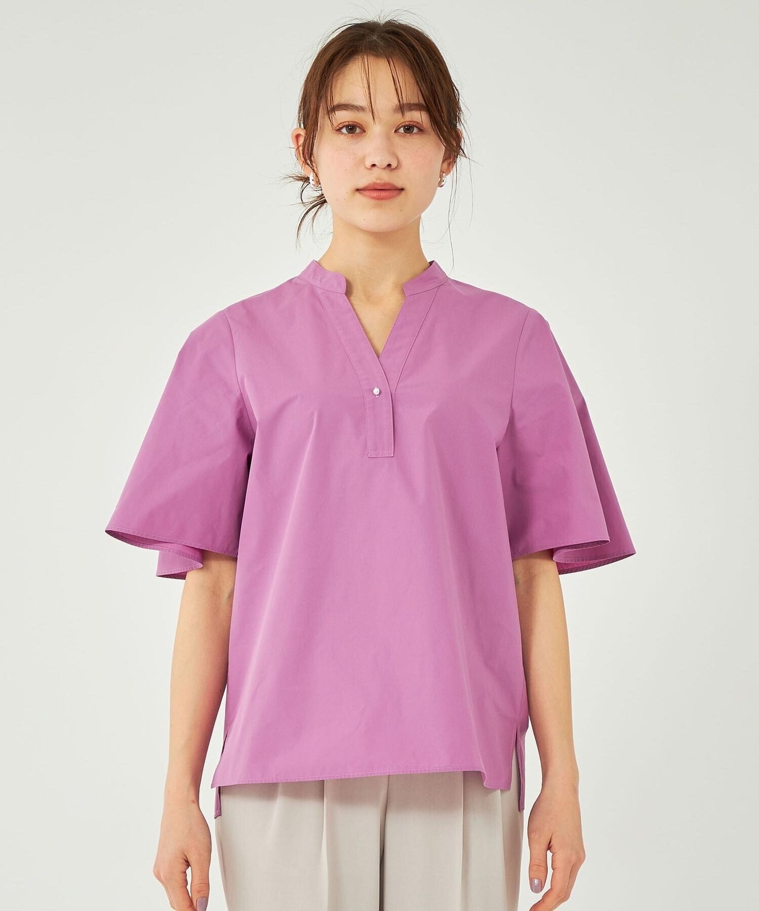 green label relaxing ブロード フェイクパールボタン フレア スリーブ シャツ