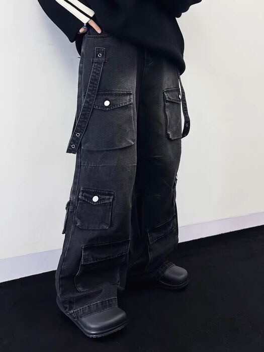 ノーブランド ワイドポケット デニム カーゴパンツ