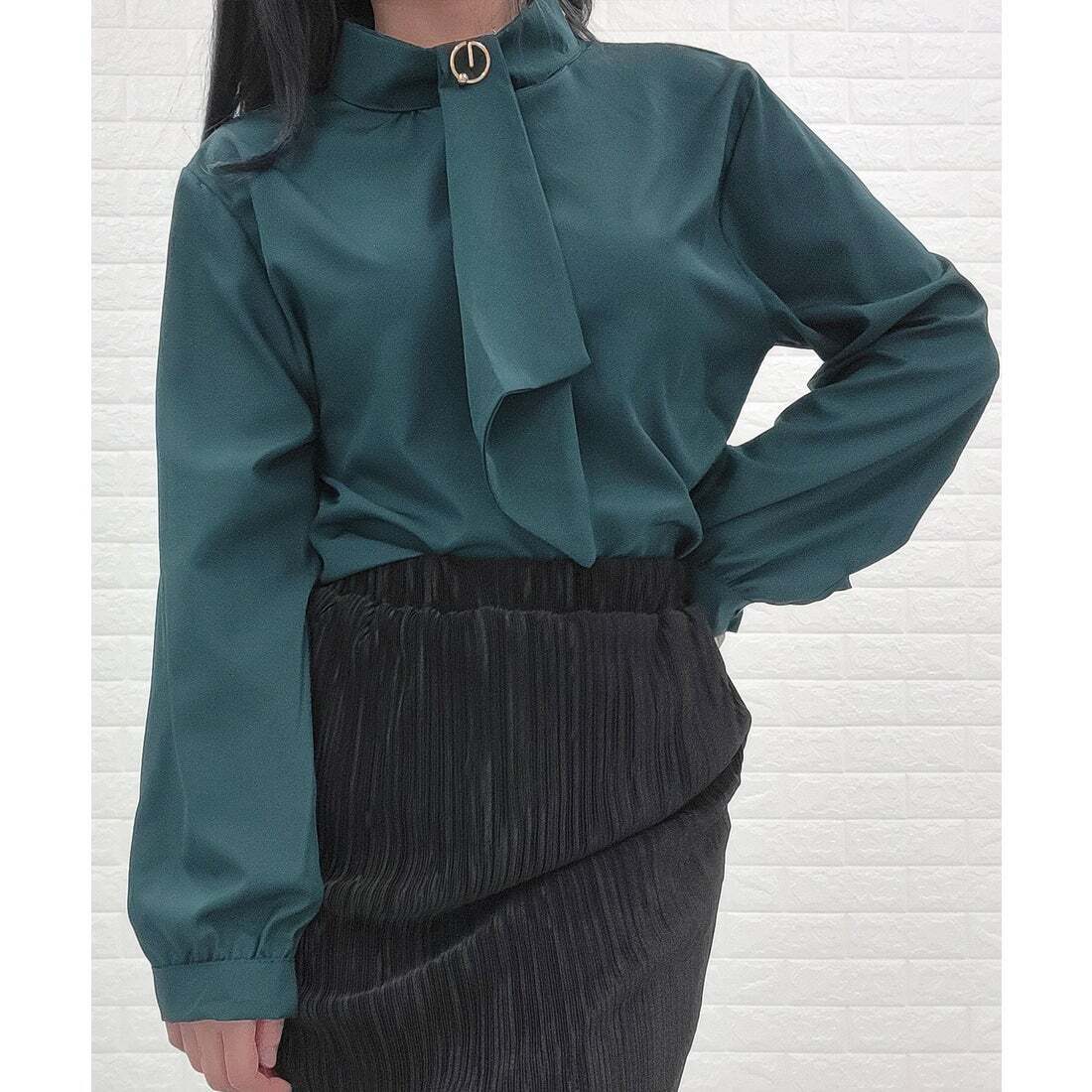 Lace Ladies スタンドアップカラー ボウタイ ボリューム袖 ブラウス
