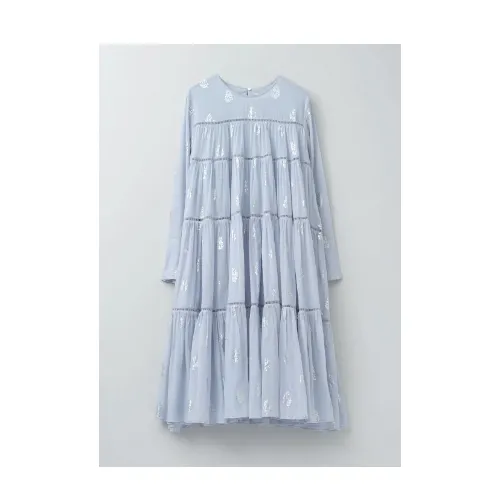 ne Quittez pas Cotton Voile Foil Flower Print Tiered Middle Length Dress