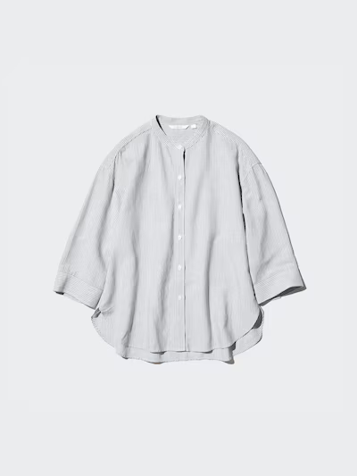 UNIQLO リネンブレンドバンドカラーシャツ/ストライプ/7分袖