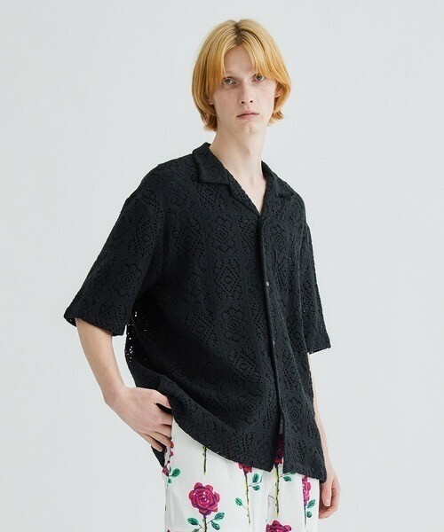 SASQUATCHfabrix. KNIT LACE OPEN COLLAR H/S SHIRT