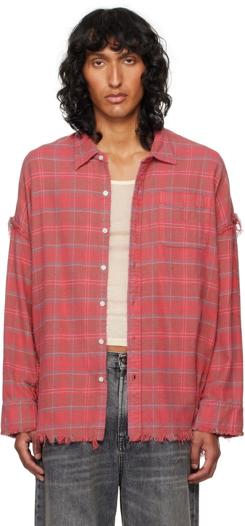 R13 Pink Shredded Seam Drop Neck Shirt