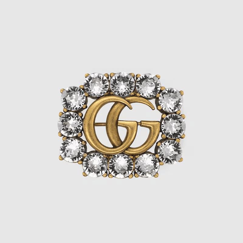 GUCCI クリスタル付き メタル ダブルG ブローチ