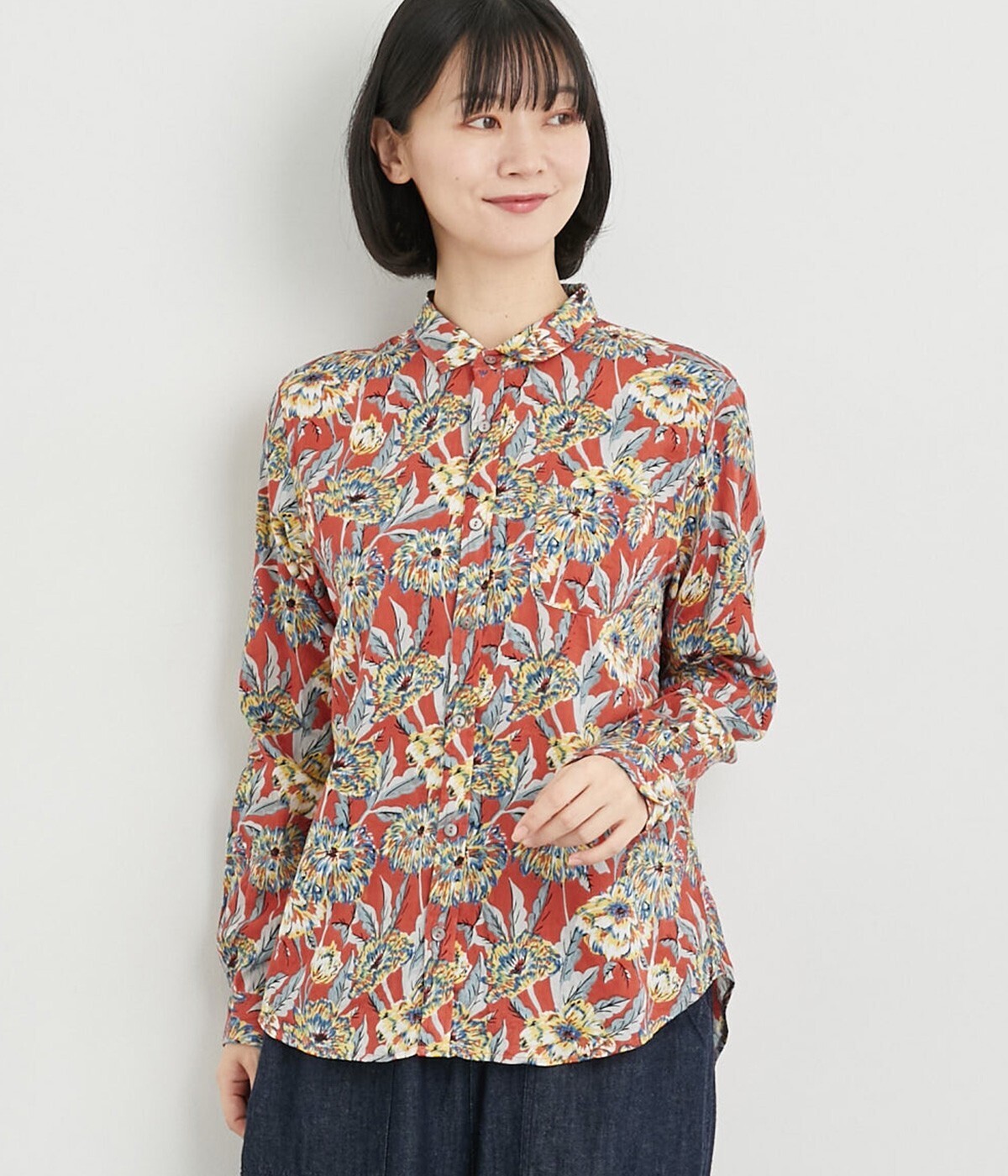 CALINER CottonVoil花柄プリントレギュラーシャツ