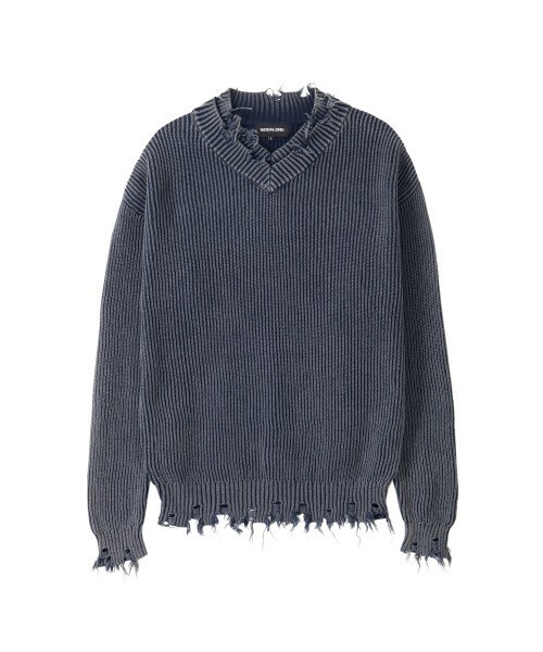 WOOALONG Vintage Damage V-Neck Loose Knit - NAVY