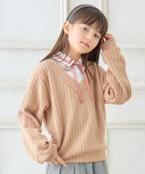 Amourire girl リボンタイ ブラウス×ライトニット ドッキングプルオーバー