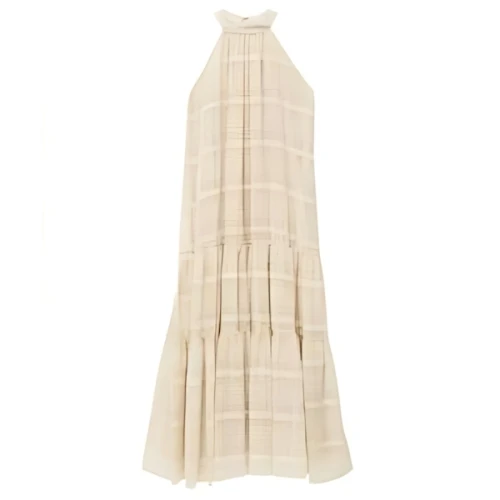 CALNAMUR CHECK HALTER NECK TIERED OP
