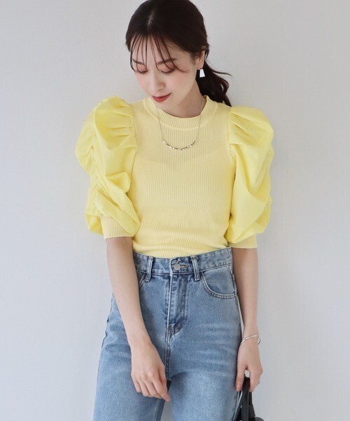 BLUEEAST 異素材パワーショルダー半袖トップス