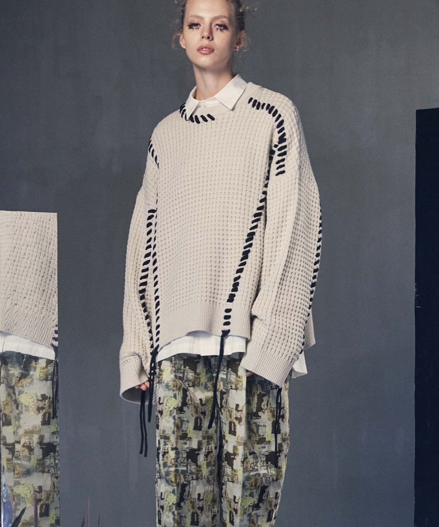 MAISON SPECIAL Oni-Waffle Crazy Stitch Embroidery Prime-Over Crew Neck Knit